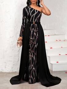 SHEIN Lady Vestido asimétrico con cuello brillante para mujer para fiestas - Multicolor - Ver 4
