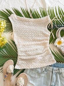 Dreamara 大码女士节日杏色针织泡泡纹理面料不对称领带腰部修身衬衫，适合派对、约会、城市街道、公路旅行、夏季海滩度假 - 米色 - 查看 4