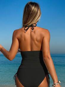 Swim Vcay 女士休闲针织纹理圆点串珠抽绳细肩带比基尼上衣，度假风格 - 黑色 - 查看 2