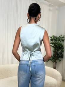 Glamine Blusa in raso finitura satinata color verde salvia con dettagli plissettati, elegante per primavera/estate, resort, invito a matrimonio, pendolarismo semplice, laurea, estate