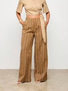 AiiRZ Quần ống rộng Palazzo kẻ sọc cạp cao quần công sở thoải mái, quần công sở đi nghỉ mát mùa hè mùa xuân quần có túi - Nhiều màu - Xem 1