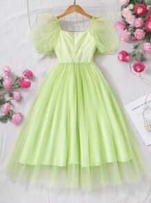 SHEIN 少女优雅花卉网眼公主花童礼服，适合婚礼季节