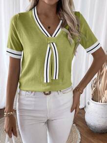 EMERY ROSE Women Casual Contrast Trim Knit Top, Summer - Olive Green - View 5