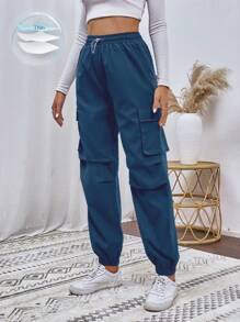 SHEIN Unity Women's Solid Color Drawstring Waist Cargo Pocket Ankle Pants - Dusty Blue - View 1