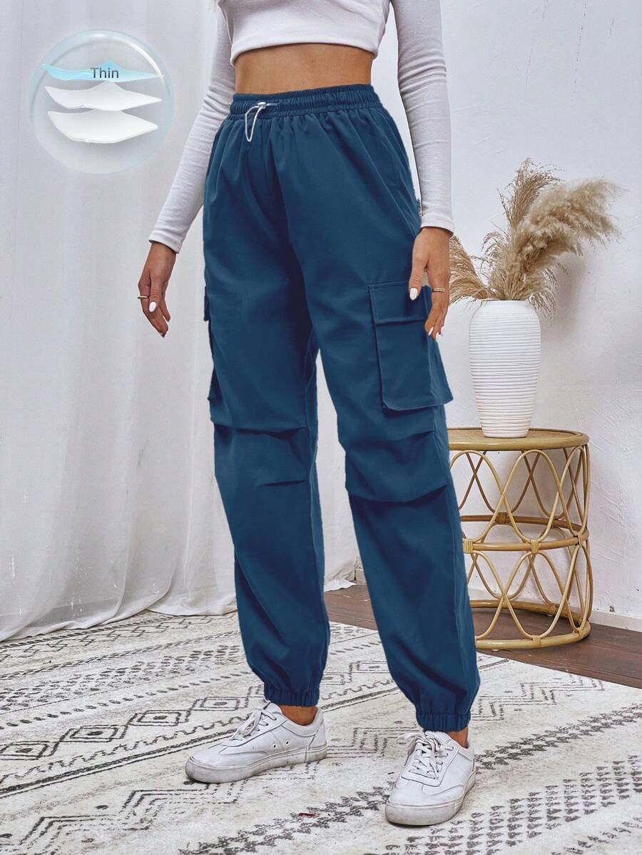 SHEIN Unity Women's Solid Color Drawstring Waist Cargo Pocket Ankle Pants - Dusty Blue - View 1