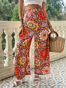 SHEIN Maternity Floral Print Shirred Waist Wide Leg Casual Pants - Multicolor - View 1
