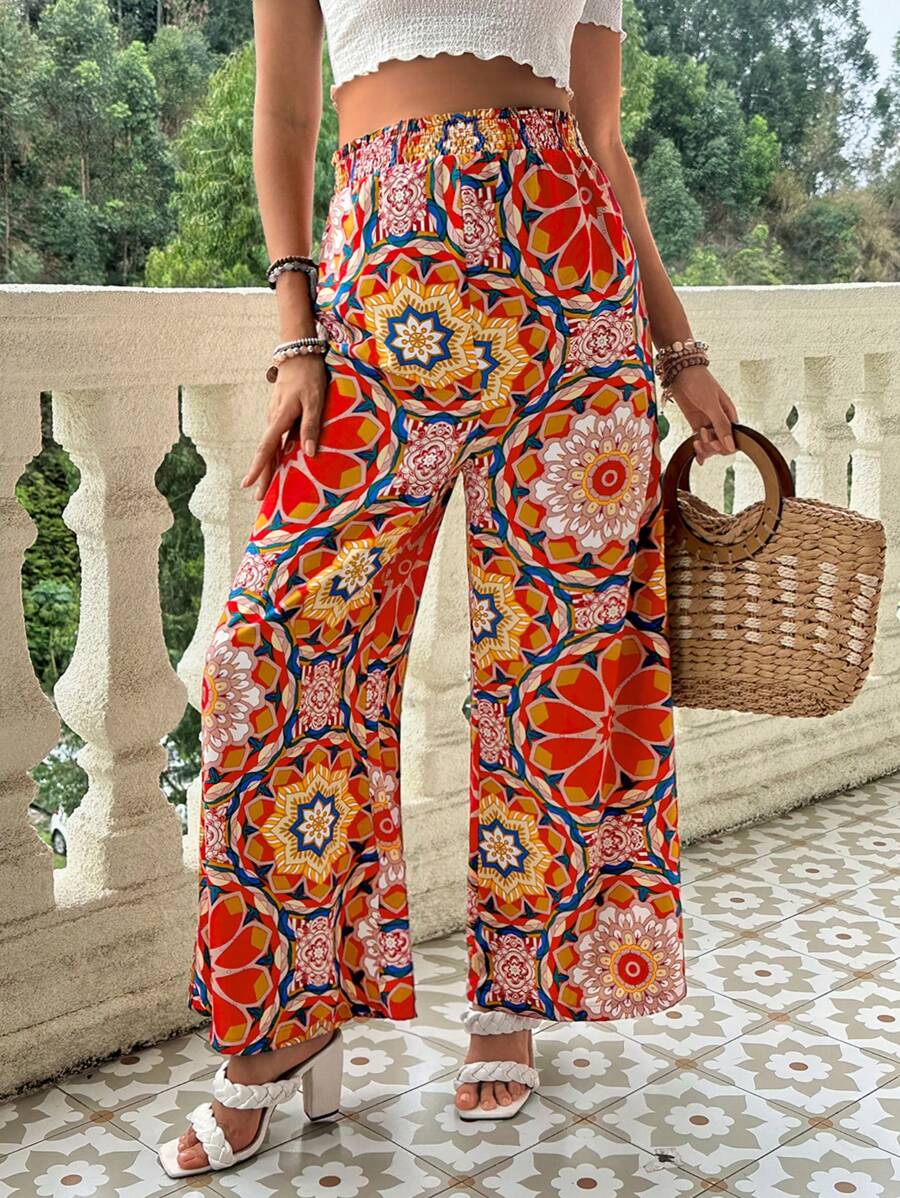 SHEIN Maternity Floral Print Shirred Waist Wide Leg Casual Pants - Multicolor - View 1