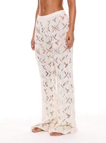 Musera Resort Mid Rise Crochet Fitted Flared Trousers Summer Spring Holiday Vacation Sexy Club Ibiza Beachwear Nanoscopic Hen Do Wedding Bridal Bachelorette - Cream - View 3