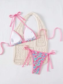 Swim Mod 2pcs/Set Women's Cute Vacation Patchwork Ditsy Floral Gingham Triangle Bikini With Neck Tie Back And Side Tie Detailed Shorts For Summer - Multicolor - View 3