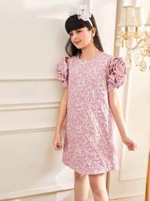 SHEIN Vestido princesa de manga corta con flores 3D de unicolor para niñas preadolescentes - Rosa Pálido - View 3