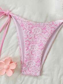 SHEIN Summer Women Beach Holiday Pink Floral Textured Fabric Side Tie Bikini Bottom - Pink - View 3
