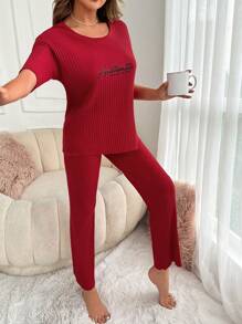 RueChic Slogan Graphic Rib-knit Lounge Set - Red - View 3