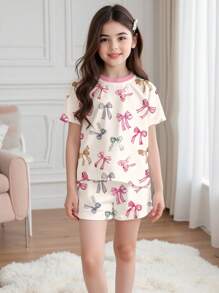 SHEIN Leap Crew Tween 女童休闲蝴蝶结装饰圆领短袖短裤睡衣套装，适合夏季