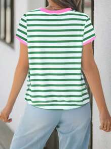 SHEIN EZwear 休闲简约圆领短袖宽松女式T恤，绿白条纹图案 - 彩色 - 查看 2
