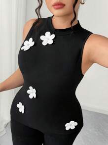 Elenzga 圆领休闲优雅花卉装饰大码女式背心，无袖，宽松版型，适合度假 - 黑色 - 查看 4