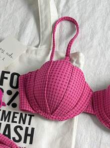 Swim Mod 2 件套女士夏季海滩聚拢贝壳上衣和丁字裤比基尼套装，纹理面料，性感 - 玫紅色 - 查看 3