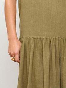 AiiRZ Elegante abito lungo da maxi con scollo ad aletta, a balze, estivo bohémien, ampio, lungo fino ai piedi, senza maniche, effetto lino, per serate, vacanze, matrimoni, adatto per tutte le stagioni