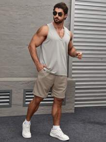 Manfinity RelaxMax Men's Solid Color Drawstring Waistband Shorts With Slant Pockets, Plain White Jogger Drawstring Shorts, For Husband, Boyfriend Gifts White Shorts For Menwhite Short For Menmen White Shortswhite Shorts Menwhite Short - Light Grey - View 5