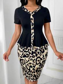 SHEIN Unity Conjunto de Top y falda con volantes y parches de estampado de leopardo, adecuado para ir al trabajo - Negro - Ver 6
