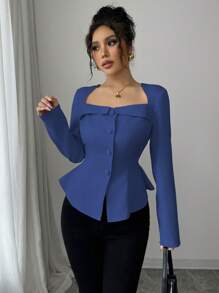 Elenzga Women's French Elegant Commuter Trapezoid Collar Square Collar Front Mid-Open Button Decorative Waistline A-Line Long Sleeve Shirt, Spring/Autumn/Winter - Royal Blue - View 5