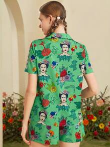 Frida Kahlo X SHEIN Women's Surrealism Tropical Plant Print Short Sleeve Shirt & Shorts Green Loose Pajama Set, Spring Summer - Green - View 2