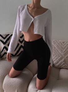 DAZY Women's Casual Solid Color V-Neck Long Sleeve Cropped Textured T-Shirt - White - View 5