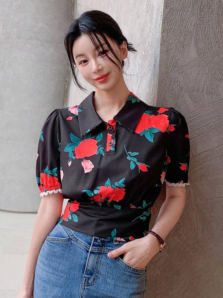 All-Over Flower Polo Collar Puff Sleeve Mixed Lace Cropped Fitted Blouse For Women, Summer Holiday Floral