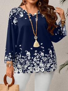 EMERY ROSE Plus Size Women's Floral Print Black Blouse, Early Spring