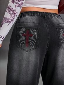 SHEIN ICON Plus Size Fashion Versatile Washed Non-Stretch Cross & Wing Embellished Denim Jeans - Dark Grey - View 6