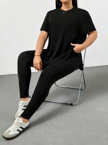 Shapeblank 大码女装春夏时尚休闲运动舒适基本百搭修身日常黑色短袖 T 恤和紧身裤两件套、裤子套装、街头服饰、机场服装、女士夏季服装、外出服装、Y2k 服装、极简主义风格、女士教堂服装 - 黑色 - 查看 4