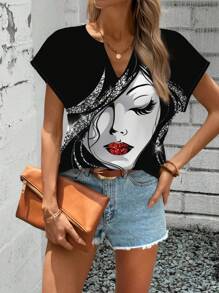 SHEIN LUNE 女士休闲肖像图案短袖衬衫，适合夏季