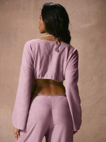 Musera Resort Open Plunge Neck Adjustable Tie Hem Long Sleeve Cropped Shirt Only Beach Cover Up Vacation Spring Summer Elegant Holiday