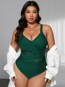 Swim Lushoire Plus Size Women's Cross-Over Color Block Mesh Patchwork One-Piece Swimsuit, Summer Beach Resort