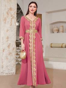 Al Najma Women's V-Neck 3/4 Sleeve Abaya Dress With Applique Decoration, Elegant Arabic Traditional Style Kaftan Jalabiya Dress - Coral Pink - View 1