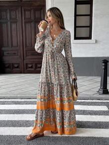 Breezaya Đầm Maxi Tay Ngắn In Hình Chắp Vá Thường Ngày Cho Nữ - màu xanh lá - Xem 3