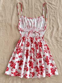 Soleia Damen Urlaubs Rot & Weiß Blume Muster rückenfrei Spaghettiträger A-Linie Mini Kleid, geeignet zum Layering im Herbst/Winter, Partywear - Rot - Übersicht 2