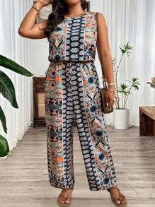 SHEIN Clasi 大码女式花卉印花圆领无袖连体裤，配松紧腰带 - 彩色 - 查看 8