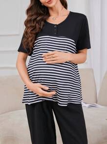 Moonlight & Mama Set de lounge cu mânecă scurtă cu jumătate de plăcuță în dungi, îmbrăcăminte de noapte casual pentru femei însărcinate