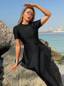 Swim Mulvari 2 Pieces Women Solid Color Burkini Swimwear Set, Beach/Resort Wear For Summer Beach Vacation