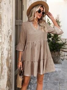 SHEIN Clasi 度假休闲条纹 V 领连衣裙 - 棕色 - 查看 7