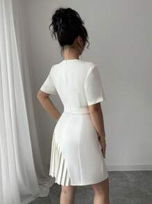 Elenzga 春夏新款杏色圆领短袖腰部收褶下摆优雅女式连衣裙 - 杏色 - 查看 2