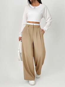 SHEIN PETITE Spring Dress PantsHigh Waist Plicated Detail Wide Leg Suit Pants,Fall