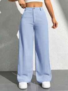 SHEIN PETITE Women's Casual Solid Color Straight Leg Pants - Baby Blue - View 5