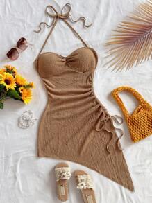 Soleia 度假吊带系带纹理面料不对称下摆连衣裙 - 卡其色 - 查看 1
