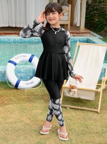 Tween Girl Spaghetti Strap Tankini Set, Girls Palm Print Sports Swimwear