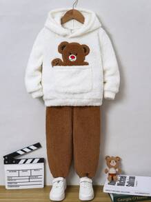 2pcs/Set Young Boys Casual School Style Comfortable & Fashionable Simple Cute Bear Cartoon Pattern Fleece Thick Warm Sweatshirt And Pants Outfit, Suitable For Kids Back To School, Young Boys Daily Wear, School Outfits, Suitable For Casual, School, Outdoor, Sports, Autumn Winter Season