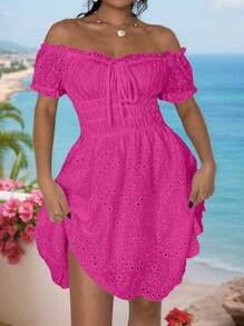 SHEIN VCAY Women's Vacation Casual Solid Color Hollow Out Embroidery Off-Shoulder Mini Dress - Hot Pink - View 1