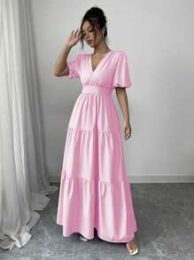 Rafferiza Đầm dài tay bồng cổ chữ V thanh lịch, giản dị, viền xòe, thiết kế mới cho phụ nữ màu tím, mùa xuân/hè - Hồng - Xem 4