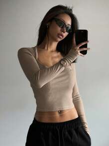 DAZY Women's Long Sleeve Mock Neck Bodycon Fitted T-Shirt - Khaki - View 3