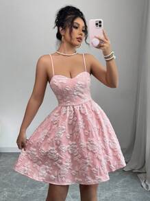 Chiquease 女士粉红玫瑰提花浪漫优雅婚礼宾客毕业音乐会服装生日礼服春夏女士服装太阳裙晚会约会筒形乡村音乐会服装无袖迷你吊带裙